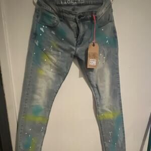 kilogram Men’s Slim Fit Straight Light Wash Paint Splatter Denim Jeans 34